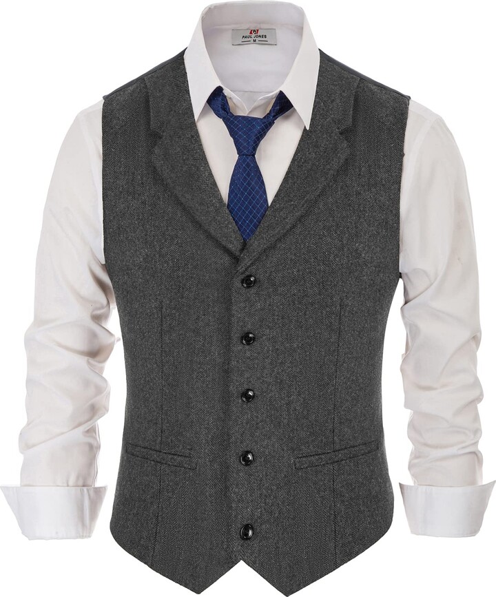 PJ PAUL JONES Mens Herringbone Tweed Dress Vest British Slim Fit Notch