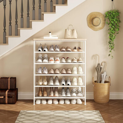 17 Stories Shoe Rack Organizer 6 Tier For Closet Entryway Free Standing Metal Storage Shoe Shelf With MDF Top Board,White+Oak