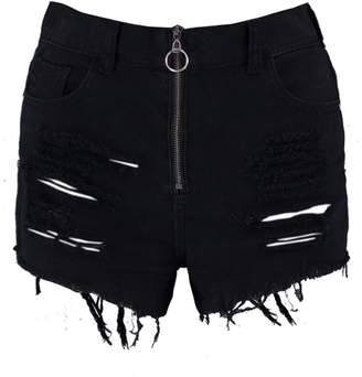 boohoo O-Ring Zip Front Distressed Denim Shorts