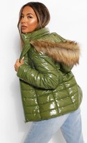 Thumbnail for your product : boohoo Petite High Shine Faux Fur Trim Hooded Coat