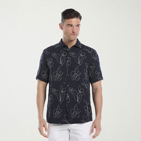 Cubavera Allover Embroidery Mens Short Sleeve Regular Fit Button-Down Shirt