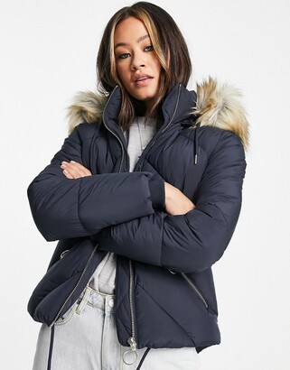 Topshop padded jacket with faux fur hood in navy - ShopStyle