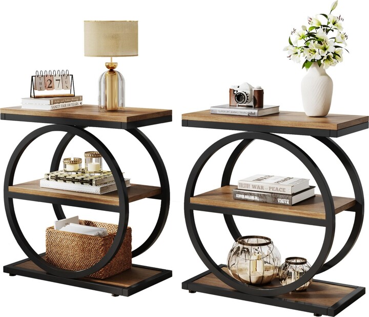 Tribesigns End Table Set of 2, Narrow End Table with 3 Storage Shelves, Wooden Side Table with Metal Frame, Small Sofa Side Table for Living Room,Nigh