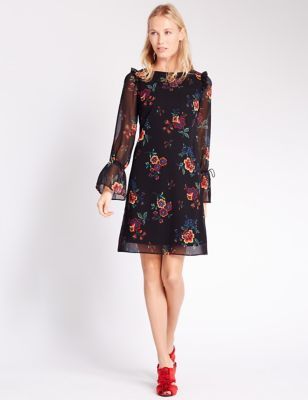 Marks and Spencer Floral Print Long Sleeve Fit & Flare Dress