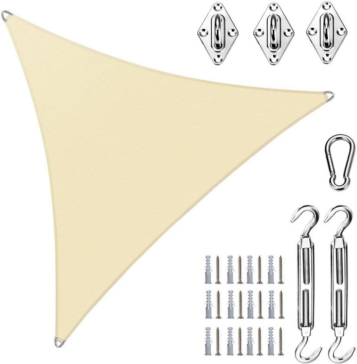 AMGO 28 ft. x 28 ft. x 28 ft. Triangle Pro Ring Sun Shade Sail with Hardware Kit-Beige