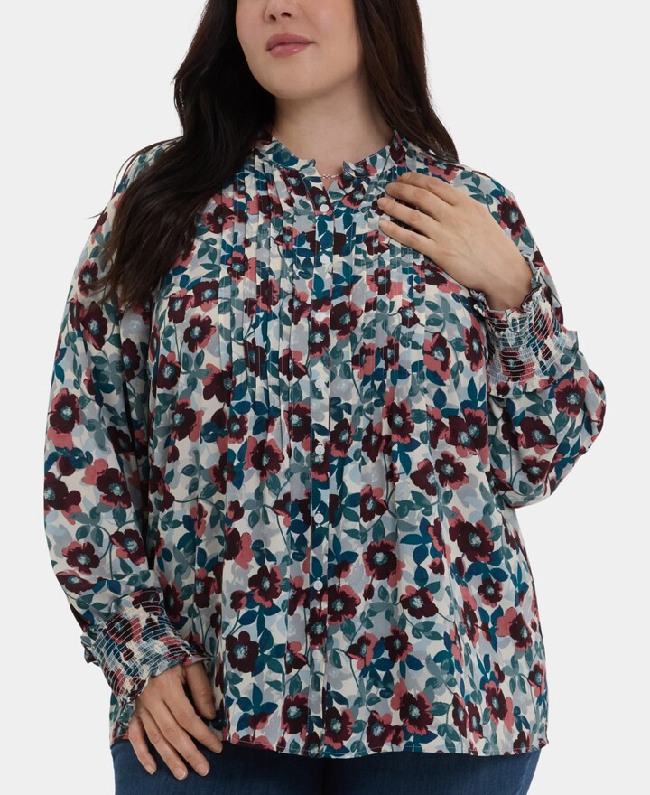 NYDJ Plus Size Pleated Peasant Long Sleeve Top