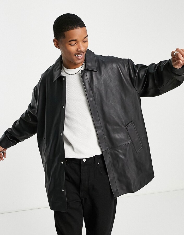 ASOS DESIGN oversized longline real leather coach jacket in black -  ShopStyle