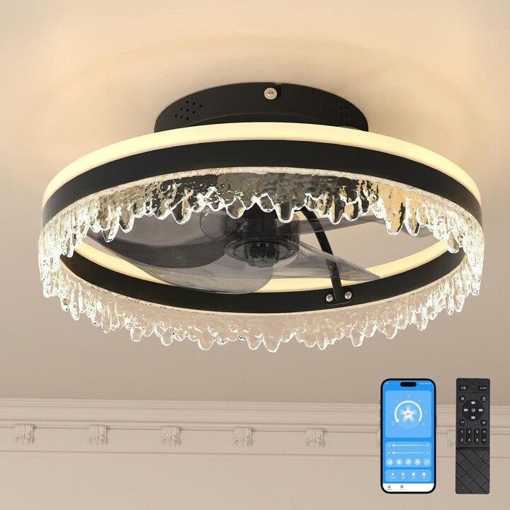 20 in. Modern LED Ceiling Fan with Light and Remote in Black with Crystal Shade Flush Mount Dimmable Color Temperature