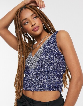 Lace & Beads embellished crop top in navy - ShopStyle