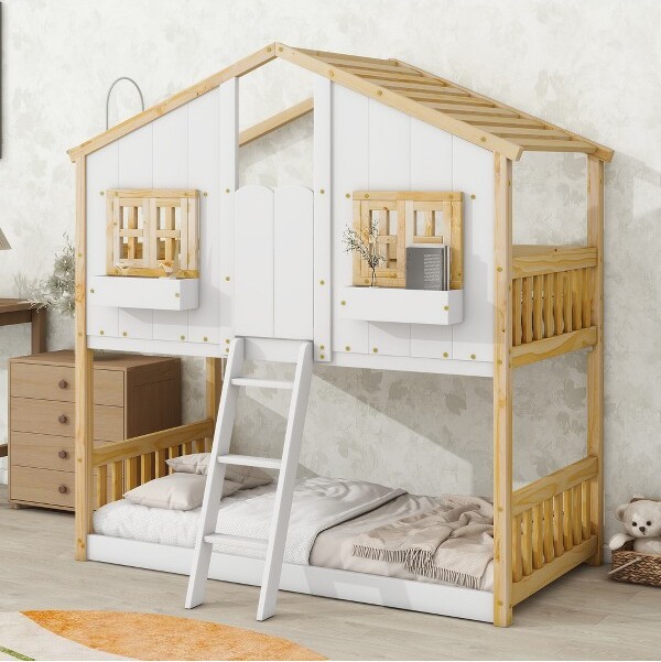 WhisenTwinoverTwinHouseBunkBedwithRoofWindowWindowBoxDoorwithSafetyGuardrailsandLadder-Natural/White