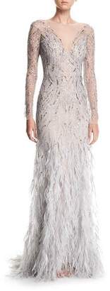 Monique Lhuillier Embellished Long-Sleeve Illusion Evening Gown with Feather Skirt