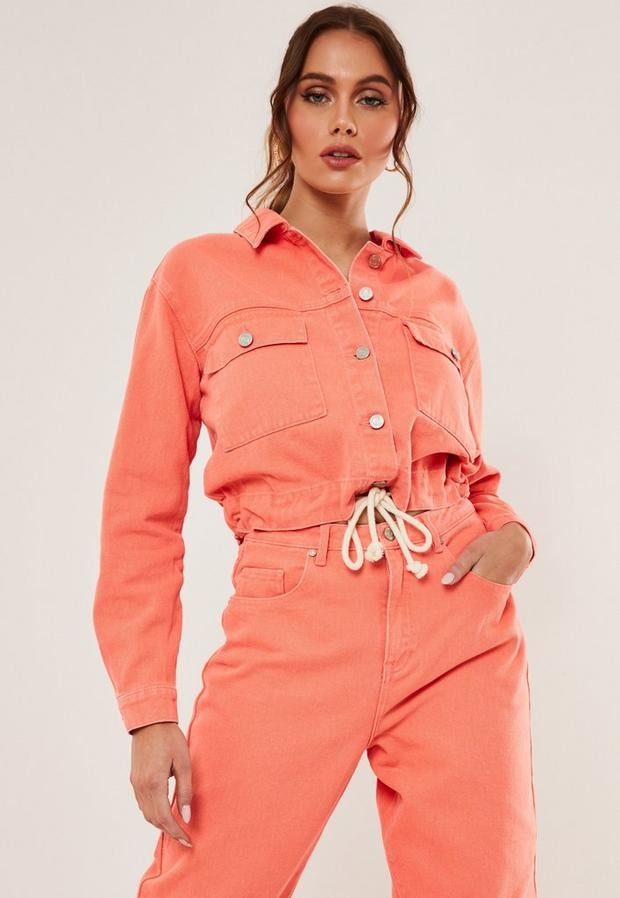 bright orange cropped denim jacket