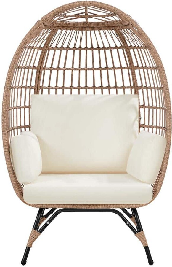 PE Rattan Egg-Shaped Chair Outdoor Wicker Egg Basket Lounge Chair with 4 Ivory Cushions for Patio Backyard