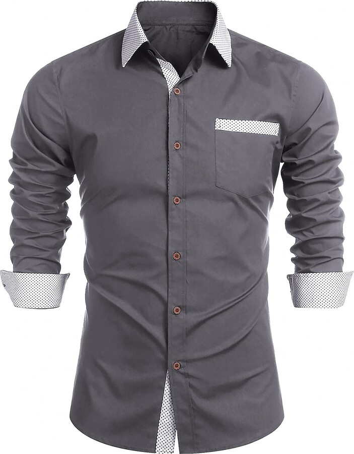WAWAYA Mens Cotton Lapel Casual Long Sleeve Plus Size Contrast Button Down Blouse Shirt Tops