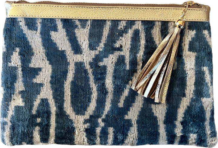 PUNICA - Soft Blue Velvet Ikat Clutch With Gold Leather Trim - ShopStyle