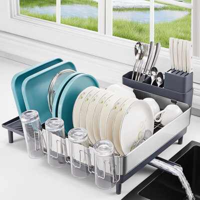 BY Family Stainless Steel Dish Drying Rack For Kitchen Counter With Extendable Design, Automatic Drainage, Large Capacity, Cutlery & Cup Holders, Anti-Rust And