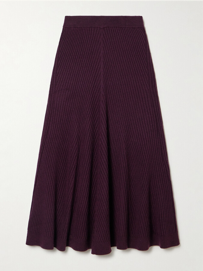Victoria Beckham Ribbed Merino Wool Midi Skirt - Burgundy