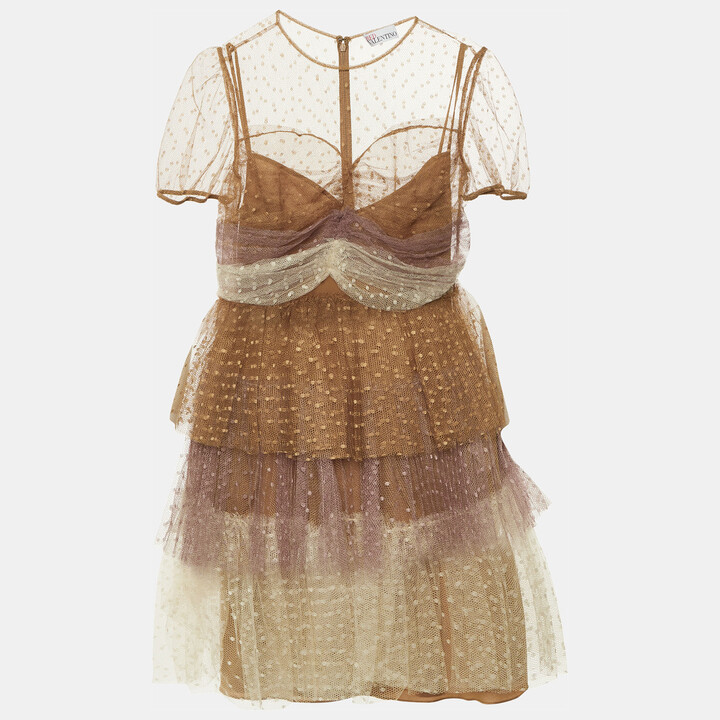 RED Valentino Brown Point d'esprit Tulle Tiered Mini Dress M