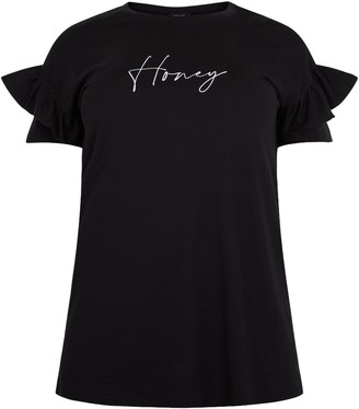 New Look Curves Ruffle Honey Slogan T-Shirt