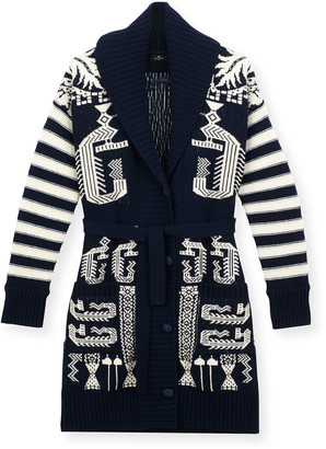 Etro Printed Ribbed-Knit Belted Sweater Coat