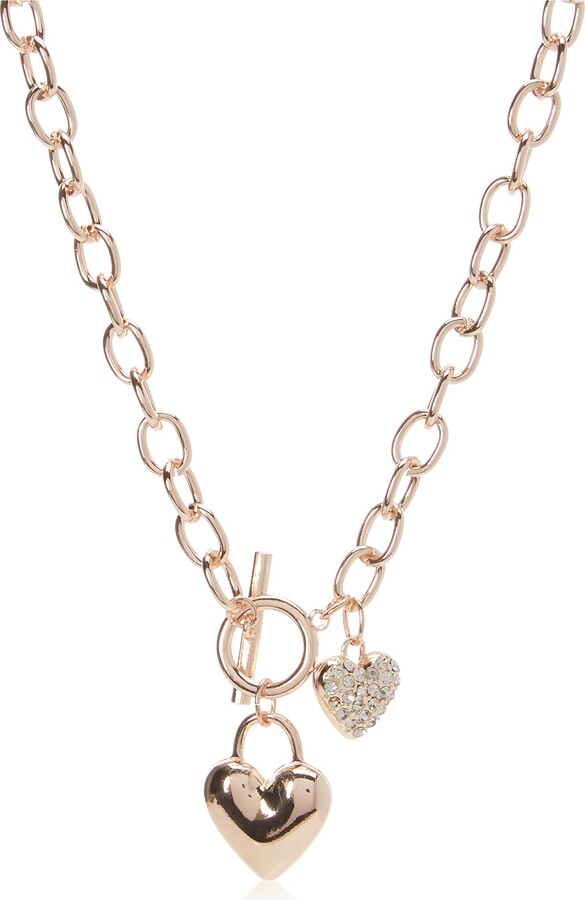 GUESS Rose-Gold-Tone Heart Lock Charm Toggle Chain Necklace