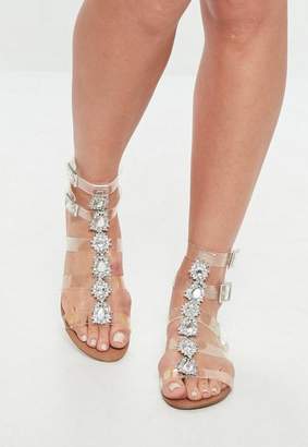 Missguided Clear Jewelled Gladiator Sandals, Grey