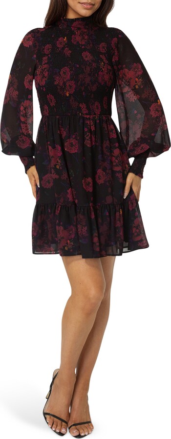 Bebe Floral Smocked Long Sleeve Chiffon Minidress
