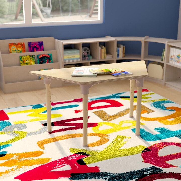 Flash Furniture 47 in. Bright Beginnings Commercial Grade Wooden Trapezoid Adjustable Height Classroom Activity Table - Metal Legs Adjust From 15-23 in., Beech