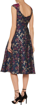 Badgley Mischka Lace And Tulle-Trimmed Metallic Floral-Print Cloqué Midi Dress