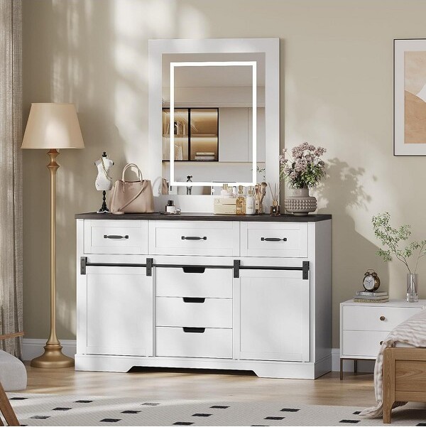 GaoMon 6DrawersDresserwithMirrorforBedroomMakeupVanitywithLightMirrorFarmhouseModernDressersChestofDrawers