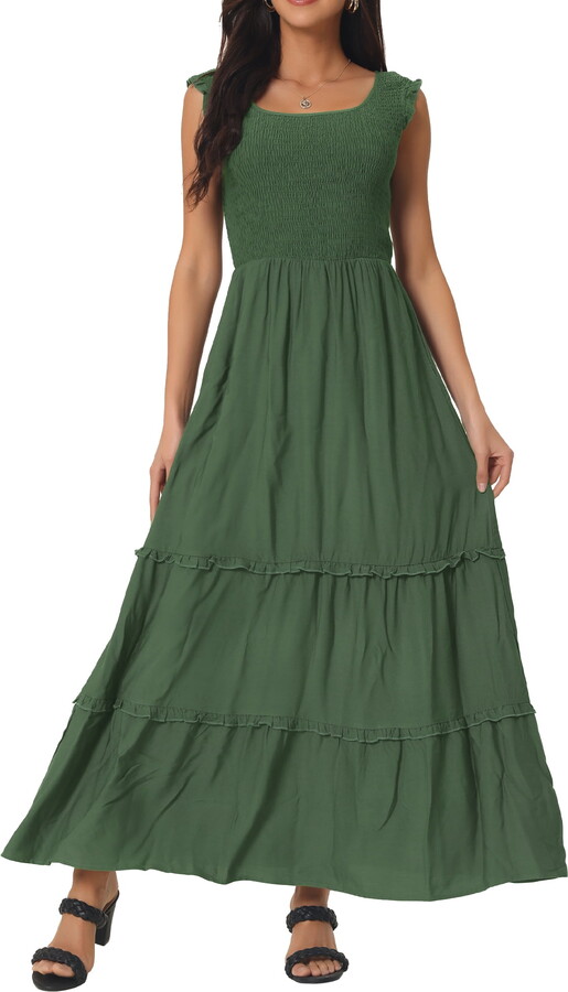 DARING DIVA Scoop Neck Ruffle Tiered Maxi Dress S Army Green