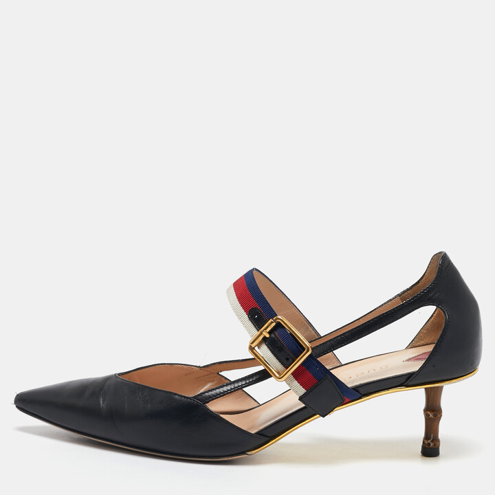 Gucci Black Leather Sylvie Web Strap Bamboo Heel Pumps Size 38.5