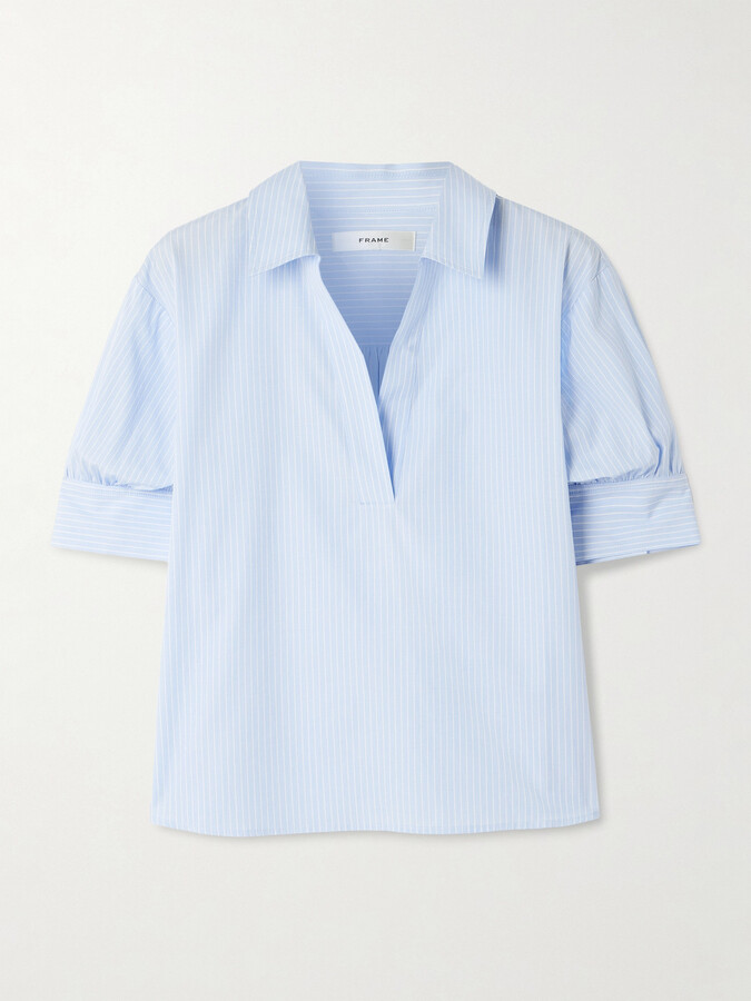 Frame The Striped Popover Cotton-poplin Blouse - Blue