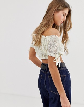 Qed London off shoulder crop top with lace sleeve in white