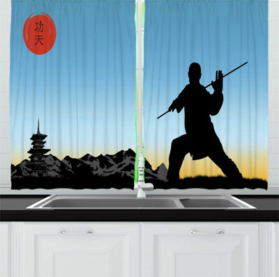 2 Piece Kung Fu Man Silhouette Demonstrates Technique of Karate Kitchen Curtain Set