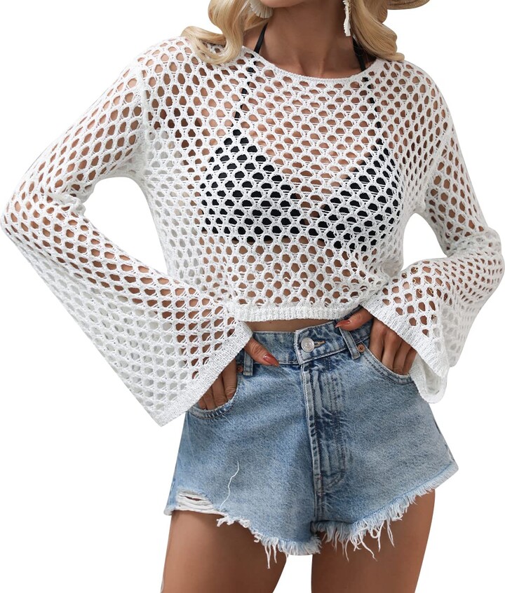 Odizli Crochet Tops for Women UK Long Sleeve Y2K Sexy Hollow Out Fishnet  Mesh Knitted Loose Fit Cropped Jumper Crop Top Pullover Sweater Teenager  Girls Streetwear Summer Beach Cover Up White S 