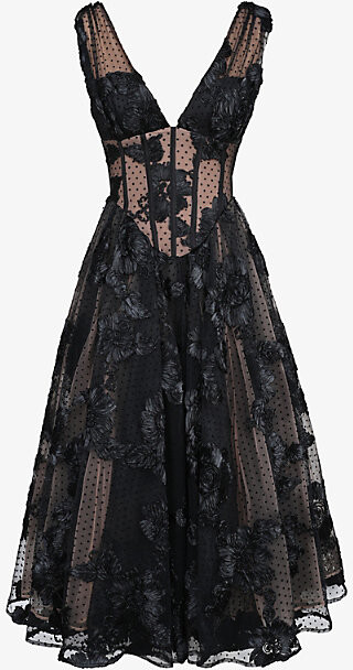 House Of CB Womens Black Sianna Plunge-Neck Embroidered Woven Midi Dress M