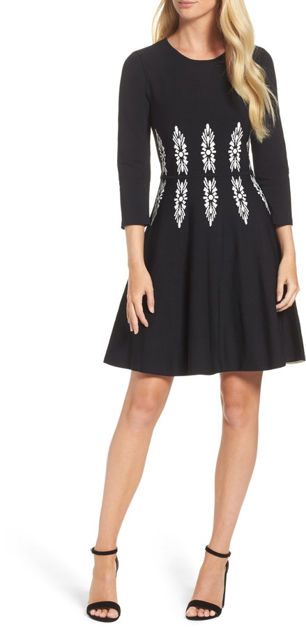 three quarter sleeve fit and flare dress