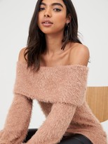 Thumbnail for your product : boohoo Off The Shoulder Fluffy Jumper Dress - Camel