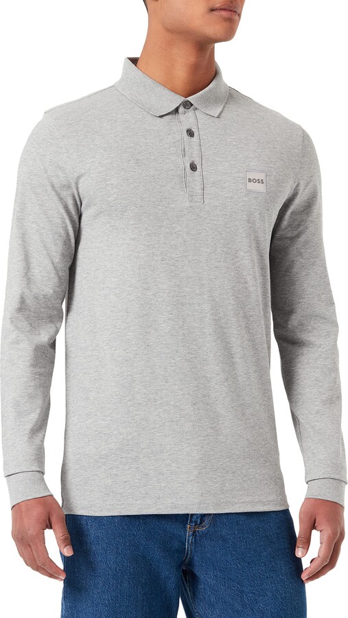 HUGO BOSS Mens Passerby Long-Sleeved Slim-fit Polo Shirt with Logo Patch  Grey - ShopStyle