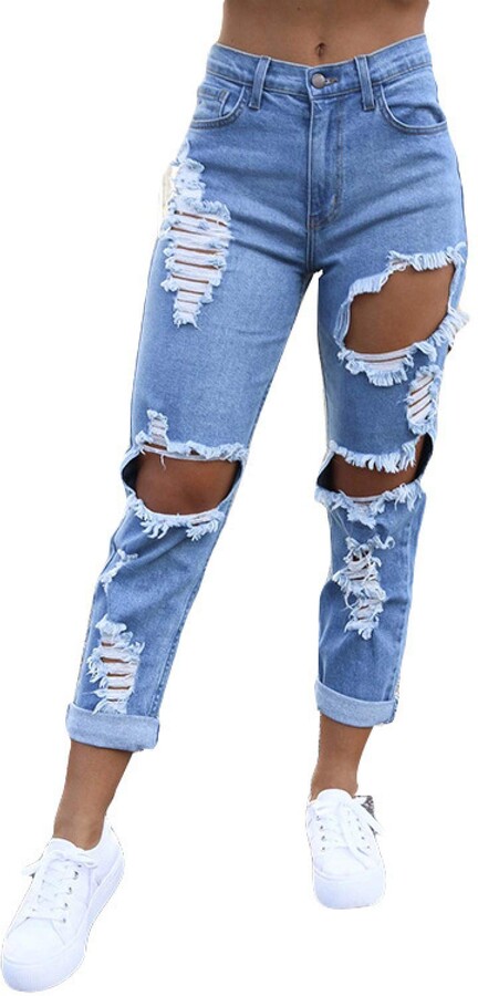 Qinvern Women's Holey Jeans Stone Washed Frayed Distressed Streetwear  Fashion Straight Leg Pants Ripped Hot Plus Size S Light Blue - ShopStyle