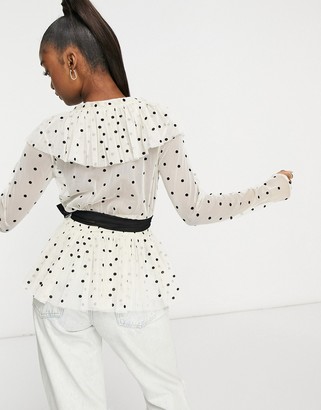 Lace & Beads exclusive ruffle blouse with belt in cream polka dot