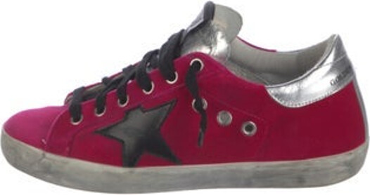 Golden Goose Velvet Low Top Sneakers Pink Printed Leather & Distressed Accents Round-Toes Lace-Up Closure at Uppers Designer