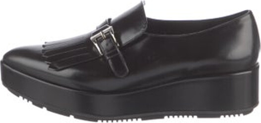 Prada Leather Loafers Black Semi-Pointed Toes Platform Buckle Closure At Uppers Designer