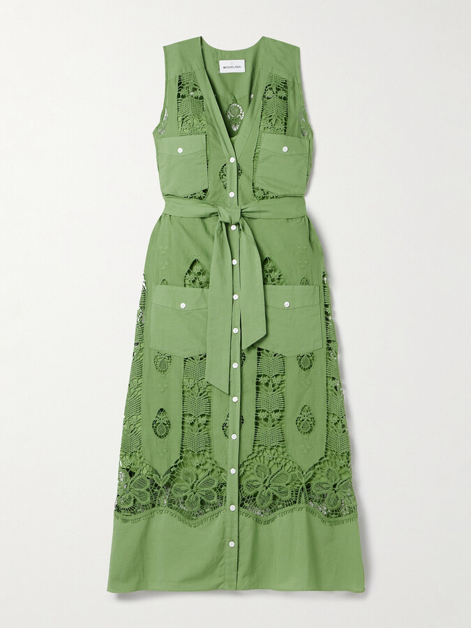 Miguelina Alexia Belted Embroidered Cotton-voile And Lace Midi Dress - Green