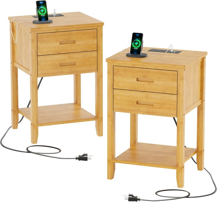 EPOWP Nightstand Set of 2 with Charging Station, End Table with USB