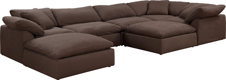 Sunset Trading Contemporary Puff Collection 6PC Performance Fabric Washable Water-Resistant Stain-Proof | Brown Slipcovered Modular L-Shape Sectional Sofa with Ottoman