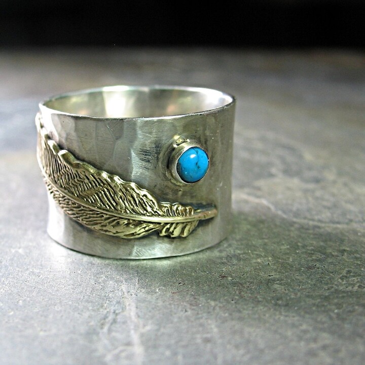 Etsy Feather Ring, Turquoise Ring, Sterling Silver, Wide Band, Cowgirl, Feather, Southwestern Metalsmith - Wind Spirit