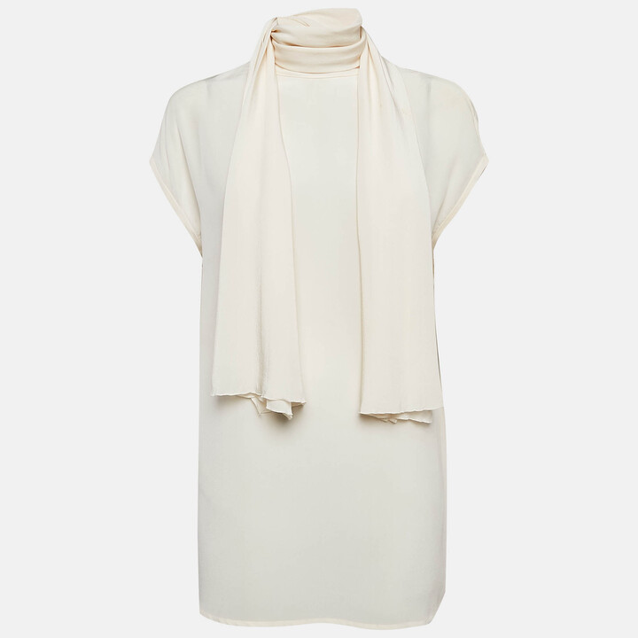 Versace Cream Silk Tie-Up Neck Sleeveless Blouse M