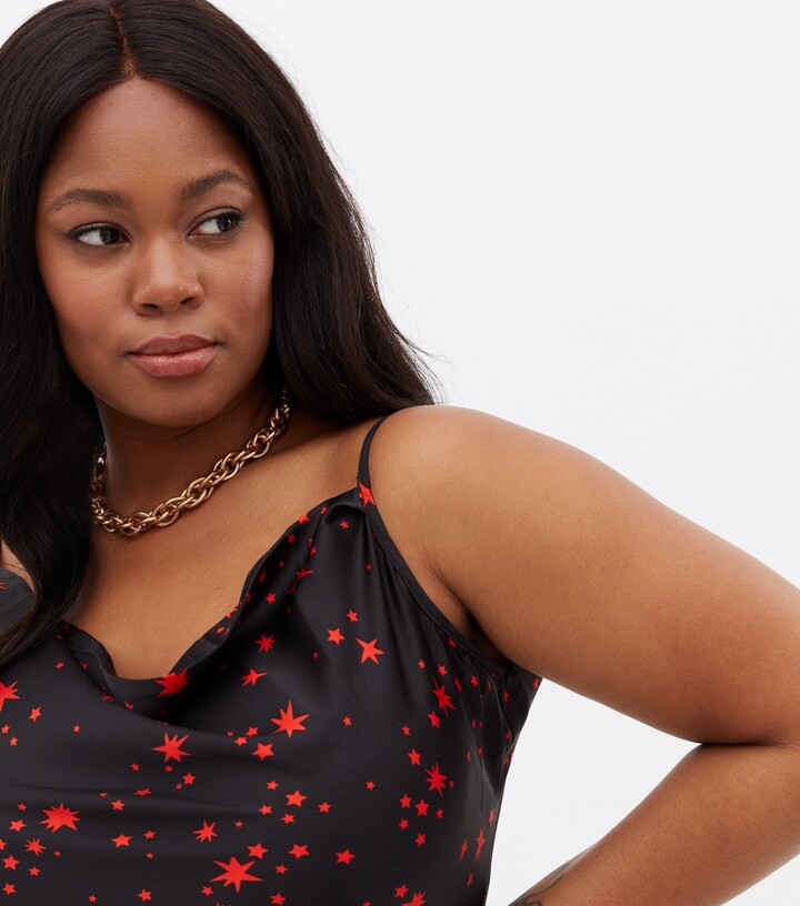 New Look Curves Black Star Satin Cowl Neck Midi Slip Dress ShopStyle
